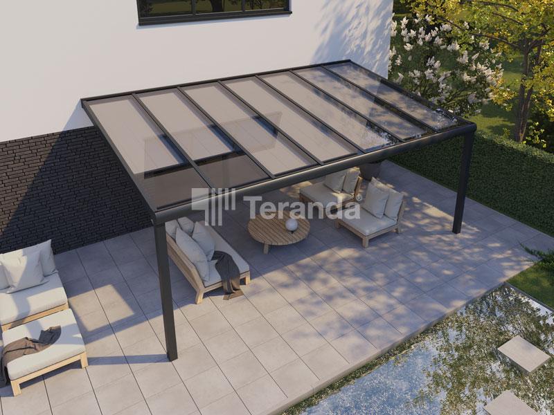 Teranda Terrassendach aus Alu mit Seitenwände aus Glas, LED Beleuchtung und Plissee Sonnenschutz PL15 mano in Off White Farbe, Obenansicht