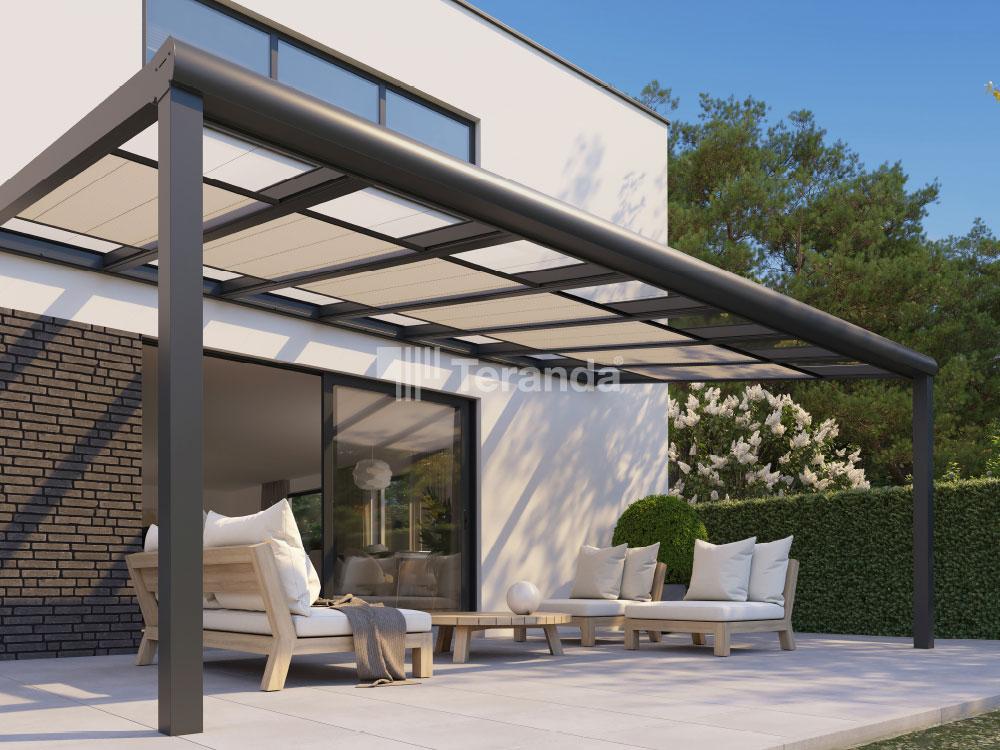 Teranda Terrassendach aus Alu mit Plissee Sonnenschutz PL15 mano in Off White Farbe