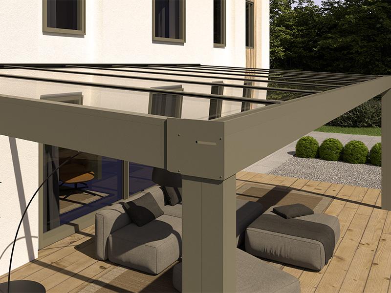Teranda Terrassendach aus Alu in Farbe Weiß und Dacheindeckung Glas Detailansicht