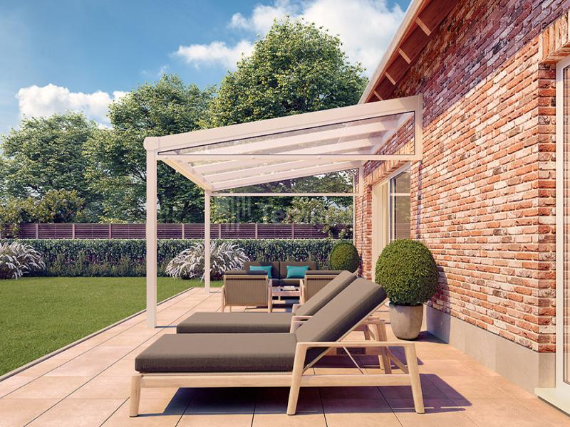 Teranda Terrassendach aus Alu in Farbe Crèmeweiß und Dacheindeckung Glas