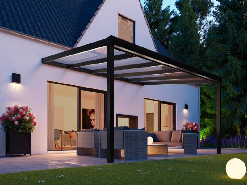 Teranda Terrassendach aus Alu in Farbe Anthrazit und Dacheindeckung Glas Seite