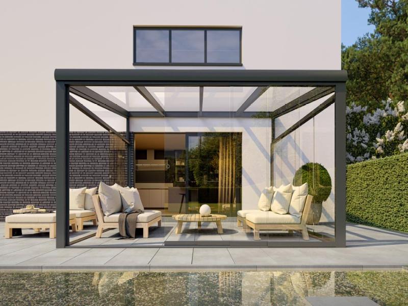 Teranda Terrassendach aus Alu in Farbe Anthrazit und Dacheindeckung Glas Haus